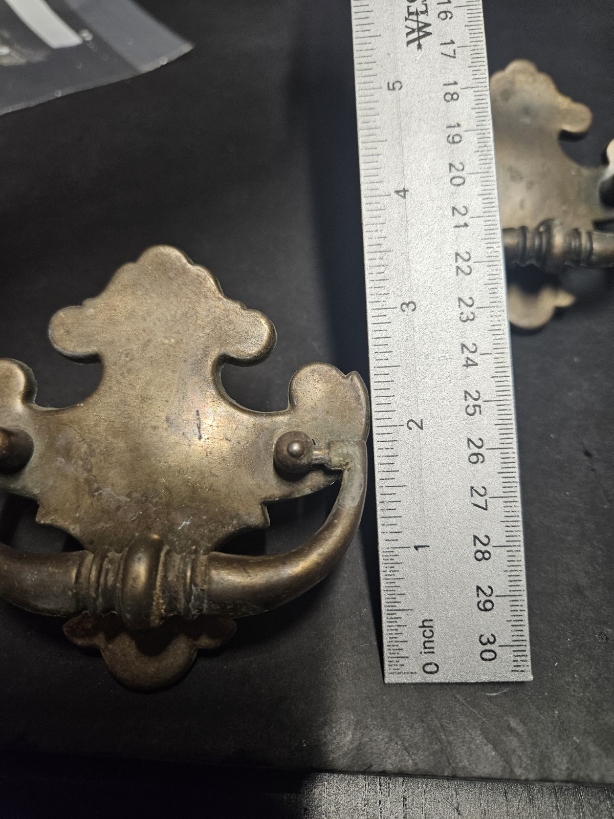 2 Vtg Salvage Chippendale Drop Style Wing Drawer Pulls Brass Steel Patina
