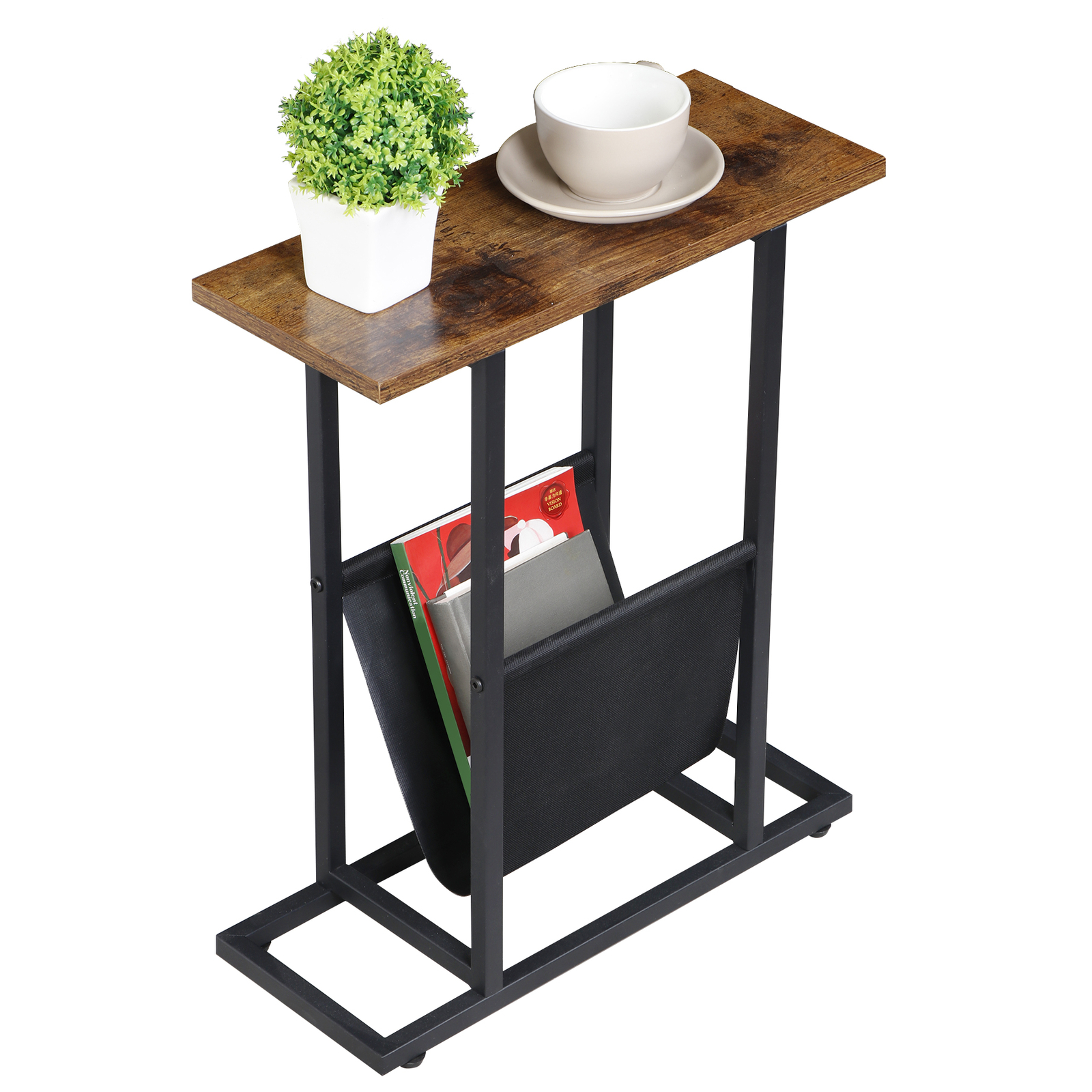 Narrow Side Table for Small Spaces w/Metal Frame Magazine Holder Rustic Brown