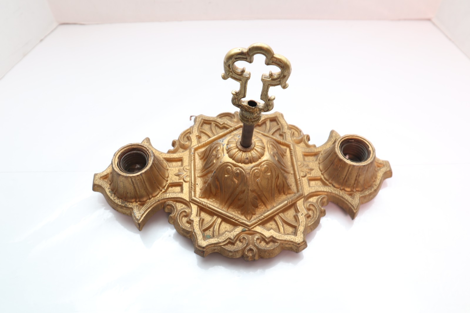 1930s cast Iron 2 light flush mount Ceiling light fixture Art Deco Antique Gold