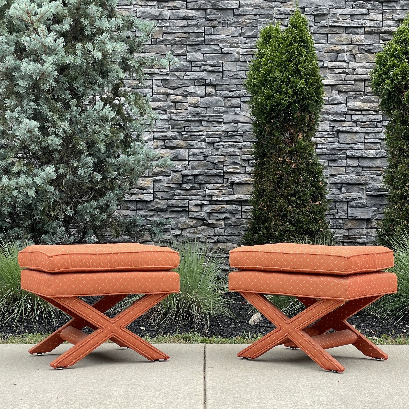 Vintage Pair X-Base Billy Baldwin Style Coral Upholstered Bench Stools Ottomans