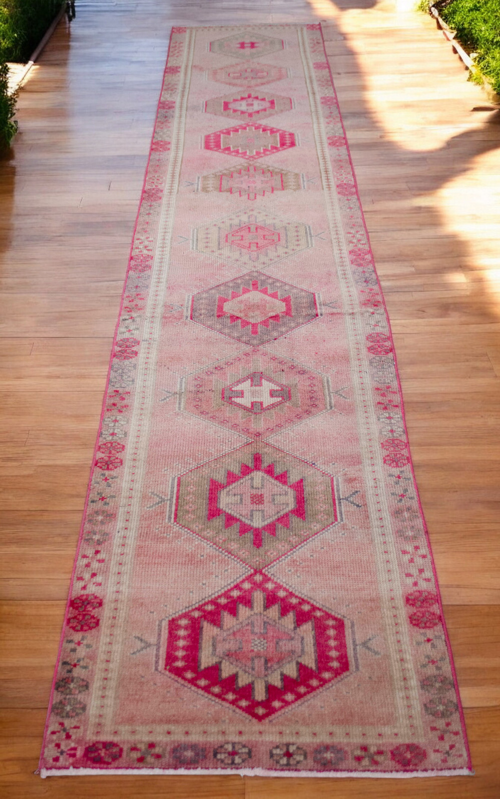 Vtg Pink Oushak Runner Rug | Extra Long Hand-Knotted Wool 2’9″ x 12’10”