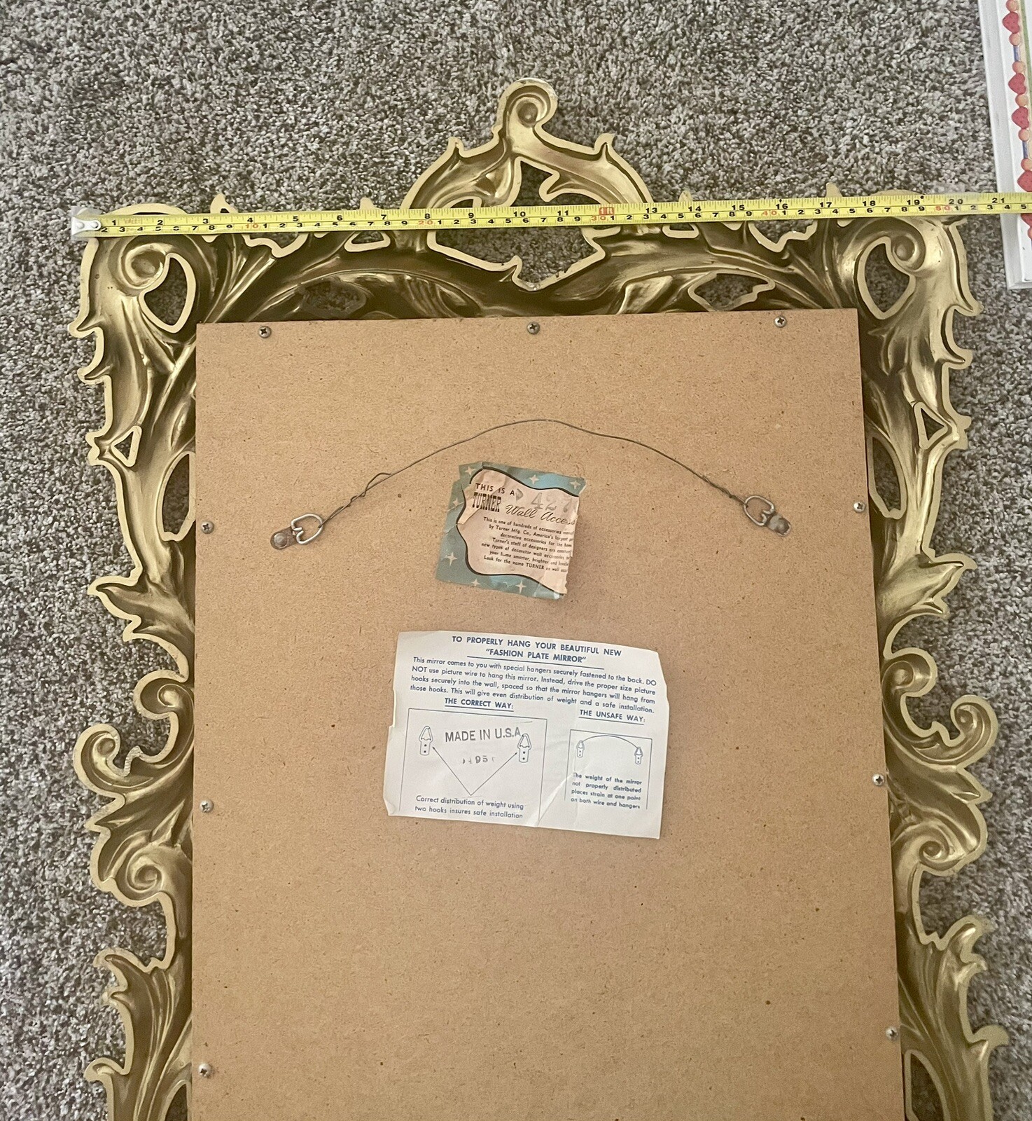 Vintage Turner Gold Scroll Leaf Rectangular Mirror Hollywood Regency MCM