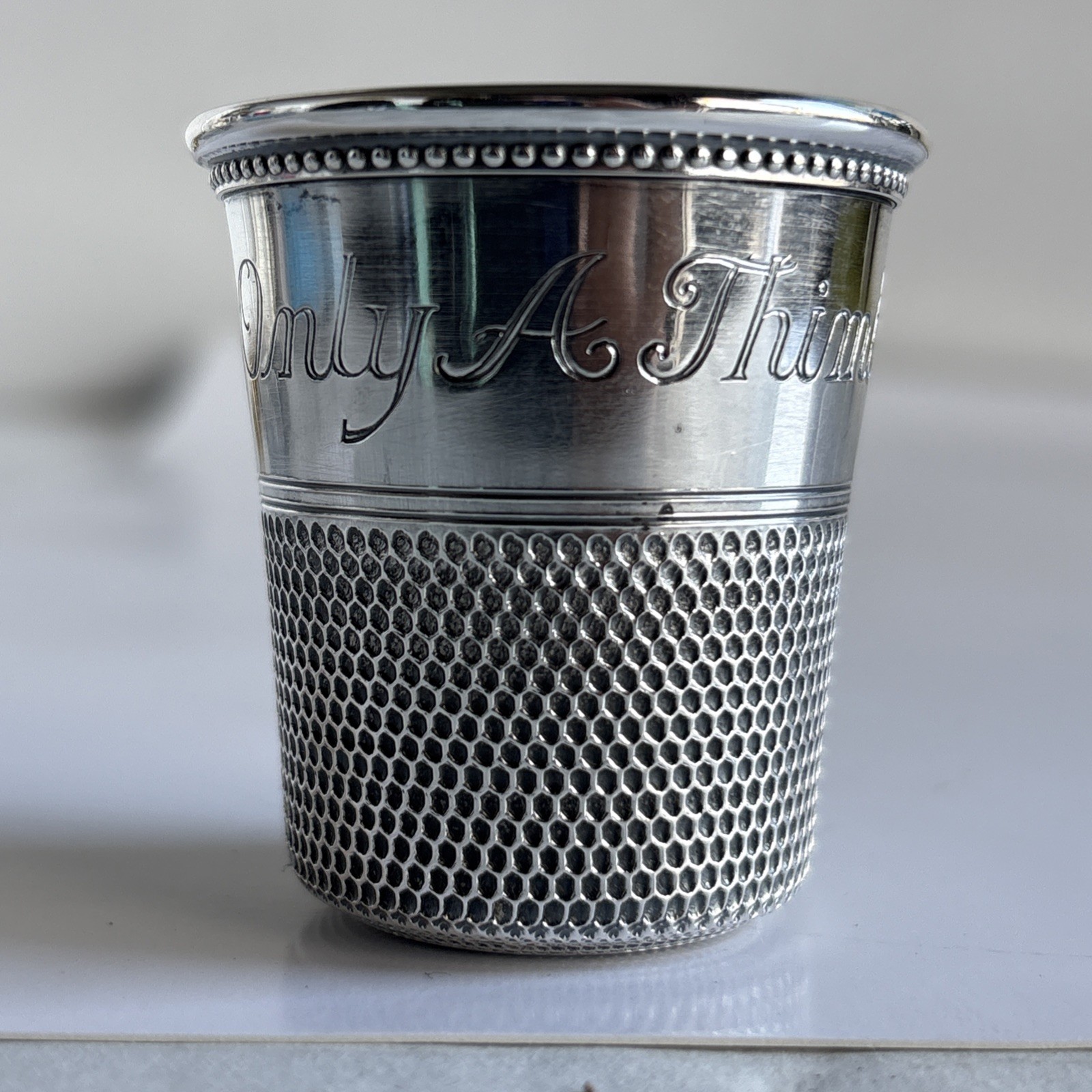Thomae & Co. Sterling Silver “Only A Thimble Full” Shot Glass Jigger. “H.W.E”