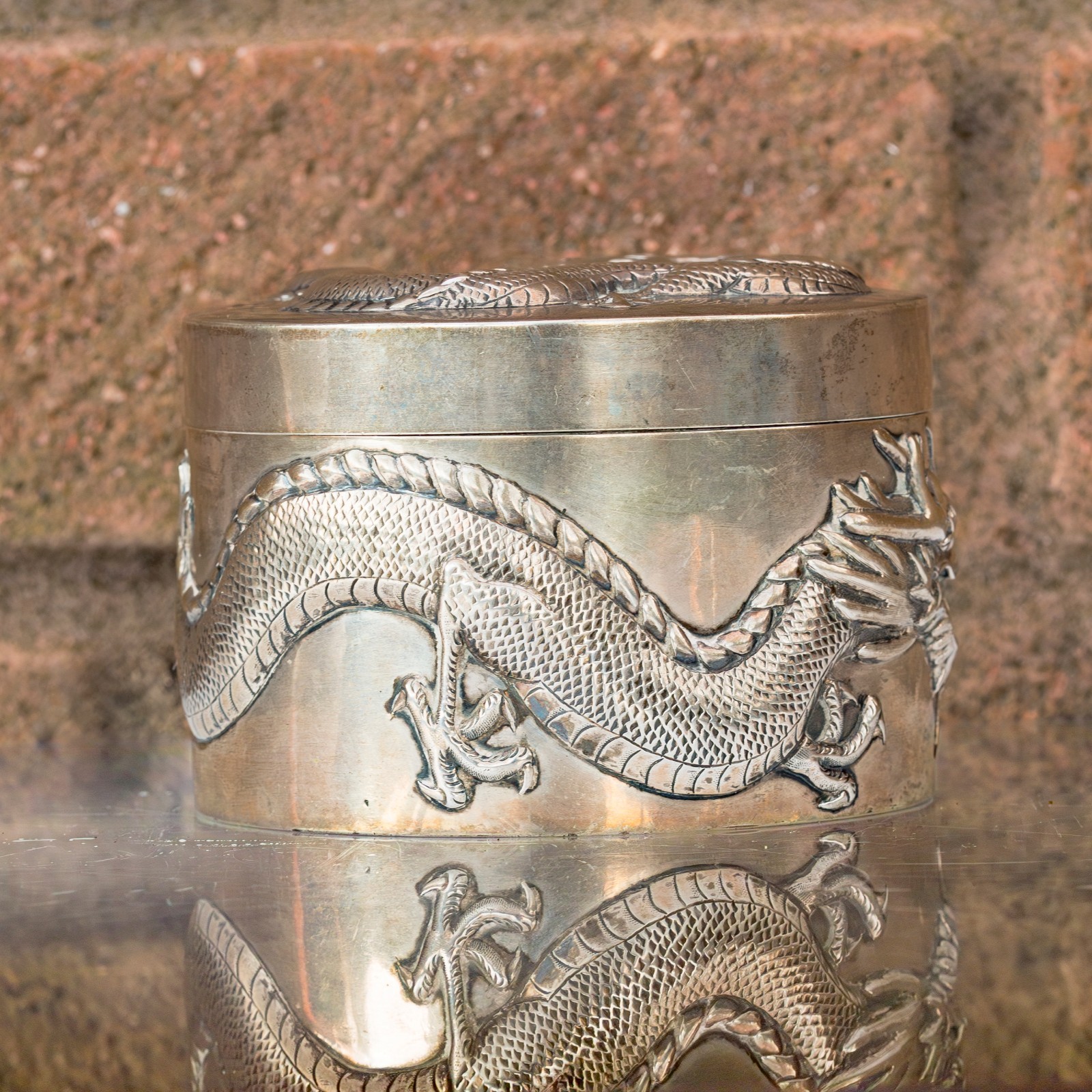 Chinese Dragon Solid Silver Box Cover Canton Qing Marked SF Sing Fat Late 19th C
