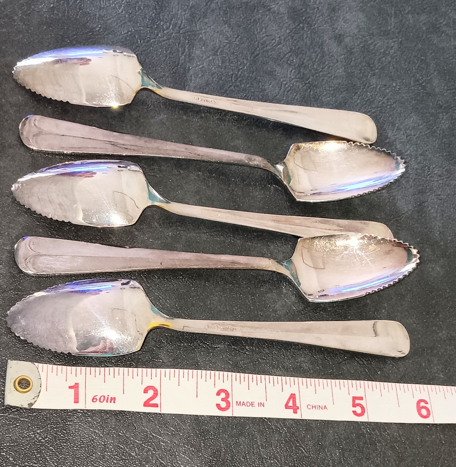 5 Vintage LM Prestige Silver Plated Japan Serrated Grapefruit Spoons