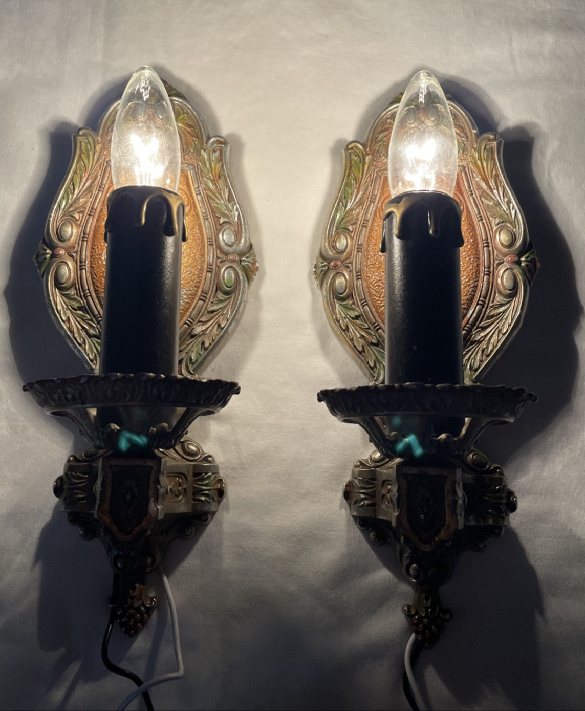 REWIRED Pair Antique Vtg Polychrome Wall Sconces Arts & Crafts, Deco 1920s 1930s