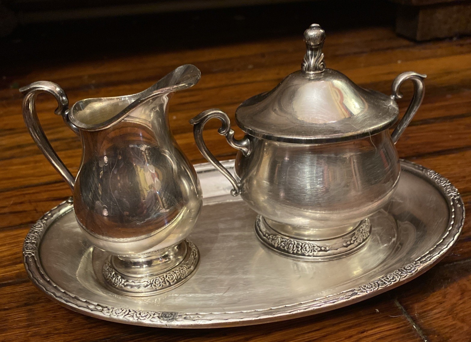 Camille silver Tea / coffee set: tray # 6029, creamer #6030 & #6031 sugar bowl