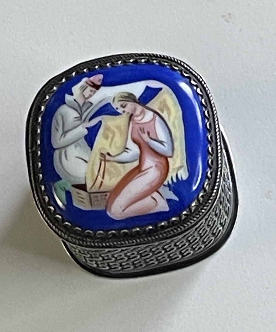 Pastoral Lovers Ring Box Sterling Silver Enamel Late 19th C Russian 3cm 28+G