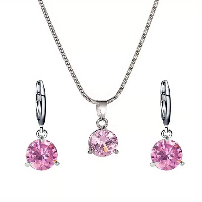 Round Lab Created Pink Diamond Women Solitaire Jewelry Set 14K White Gold Plated