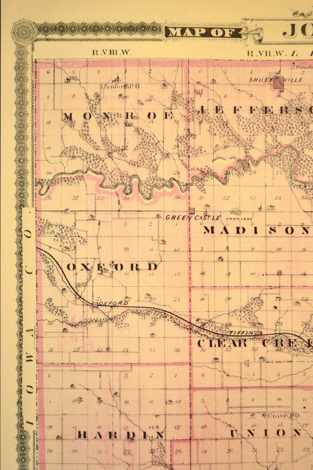 ca 1875 JOHNSON COUNTY Map Iowa City Coralville North Liberty Original Antique