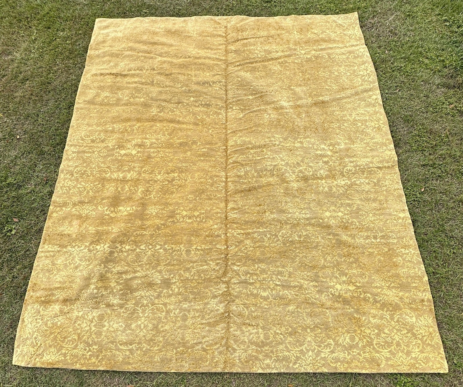 VINTAGE Hand Woven 100% Tibetan Rug Beige Wool & Gold Silk 10×12 Room Sized Rug