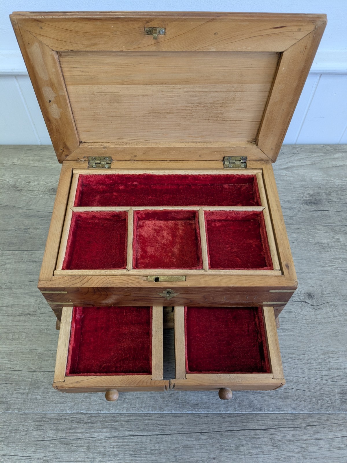 Vintage Wooden Handmade Jewellery Box Has Soft Red Lining Lift Out Tray, Drawers