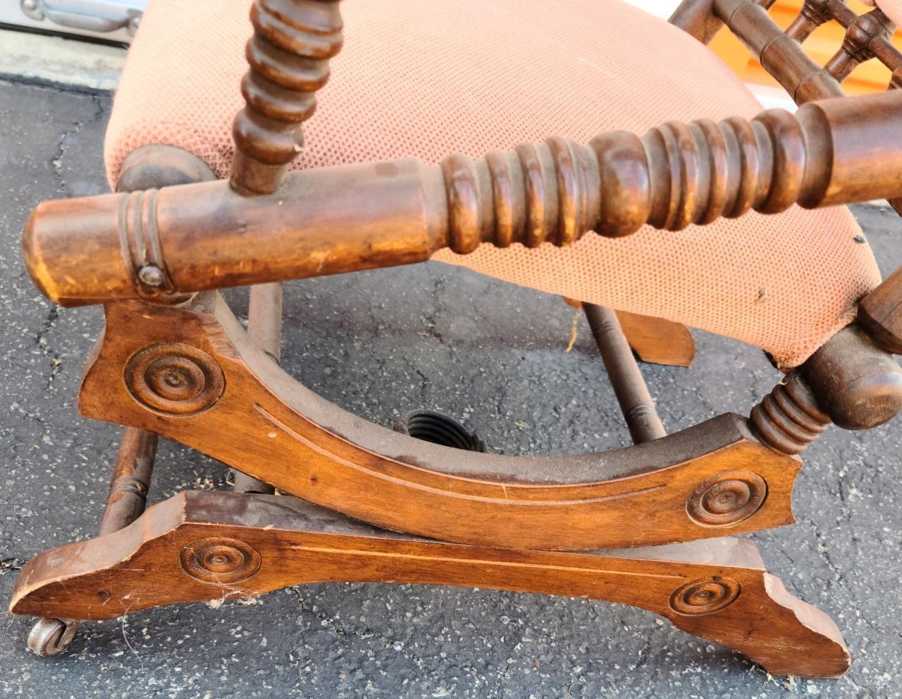 Antique Gliding Rocking Chair – Solid Wood – NEEDS TLC – GREAT TUFTED UPHOLSTERY