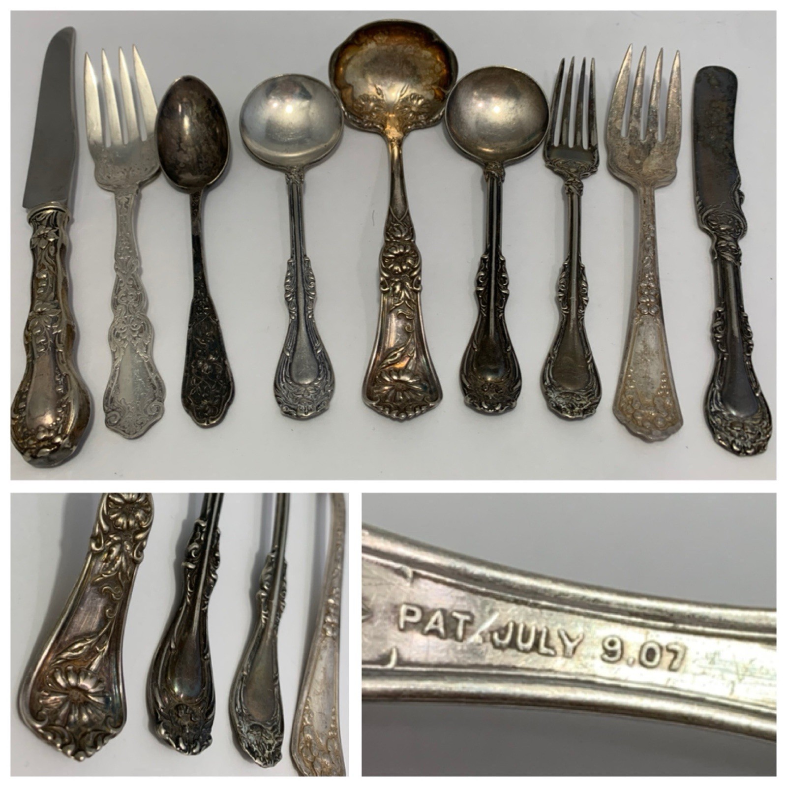 9 Antique + Vintage Silver Plate Flatware Rogers, Russell *Dated 1907 Silverware