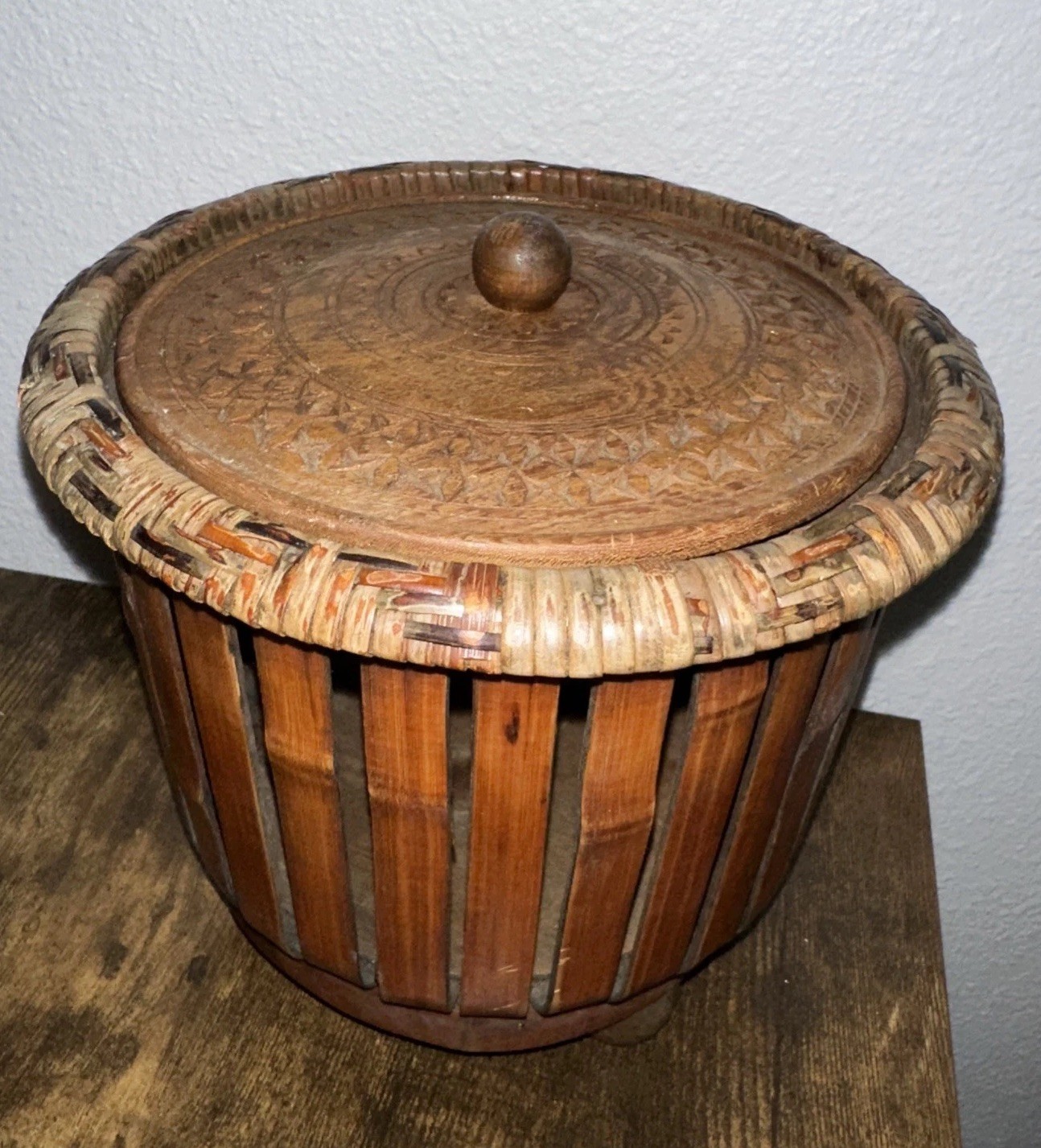 Vintage/Unique Asian Chinoiserie Style Split Bamboo Basket With Wood Carved Lid