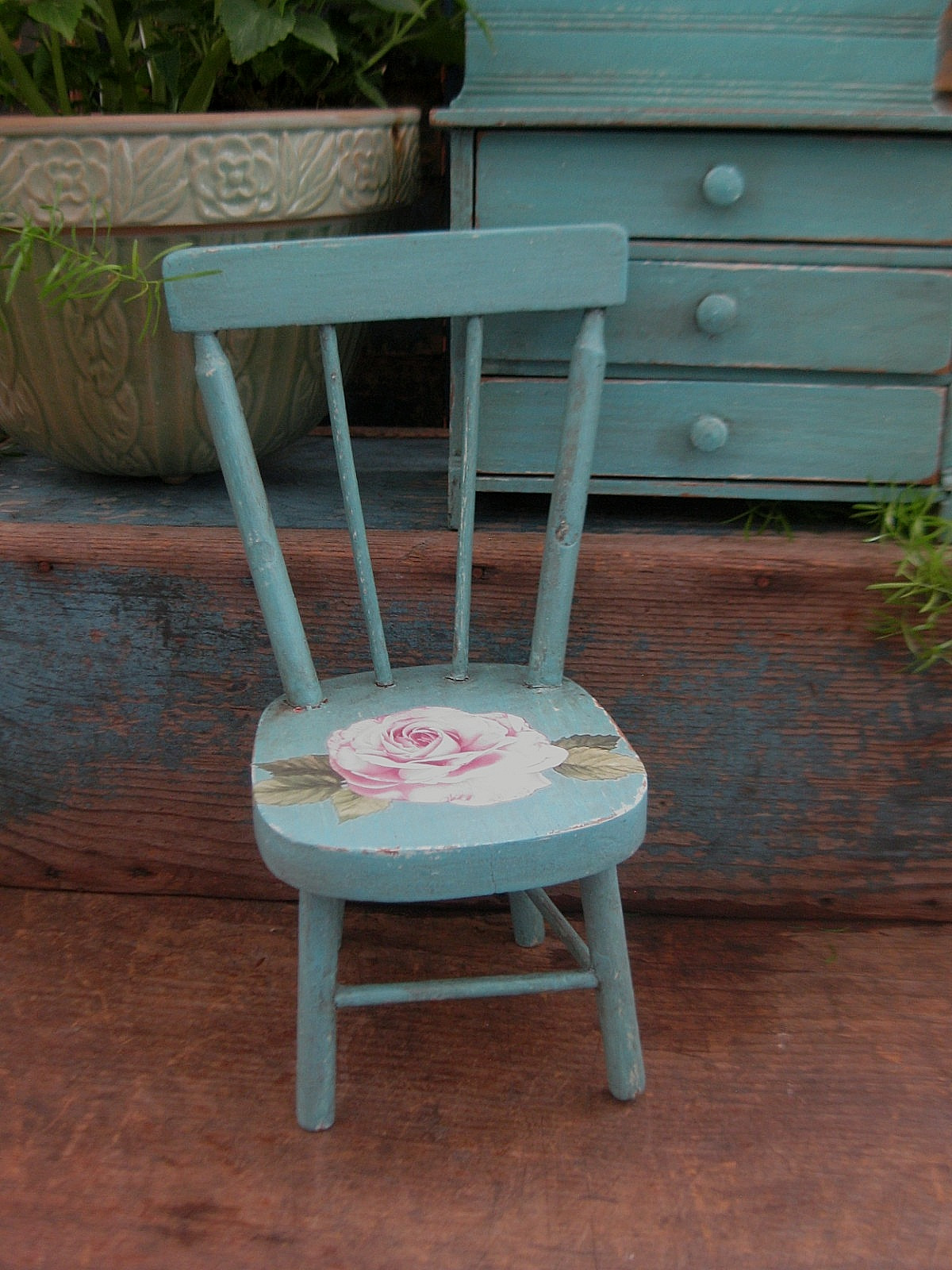 Antique Wood Doll’s Chair New Robins Egg Blue Milk Paint Rose Transfer