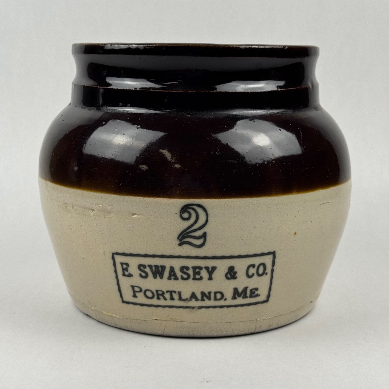 Antique Stoneware E Swasey & Co. Bean Pot #2 Brown White Portland Maine 1800s