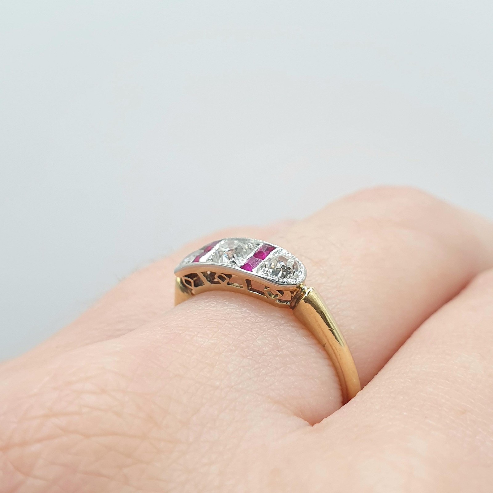Antique 18ct Gold Natural Ruby & Diamond Ring Art Deco Solid 750 1920s Vintage