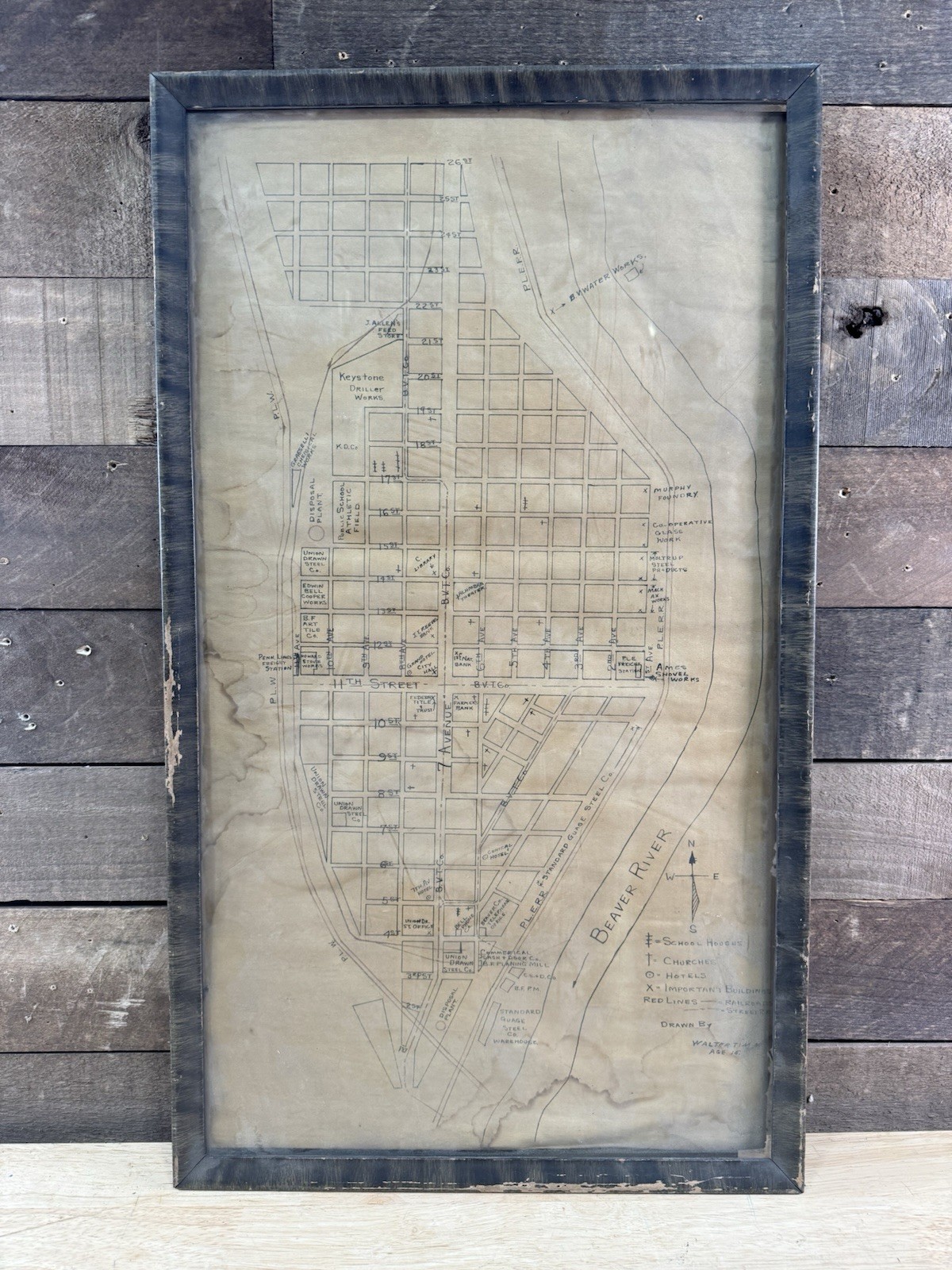 Antique Wood Framed Map City Of Beaver Falls, Pennsylvania Sketch Drawing