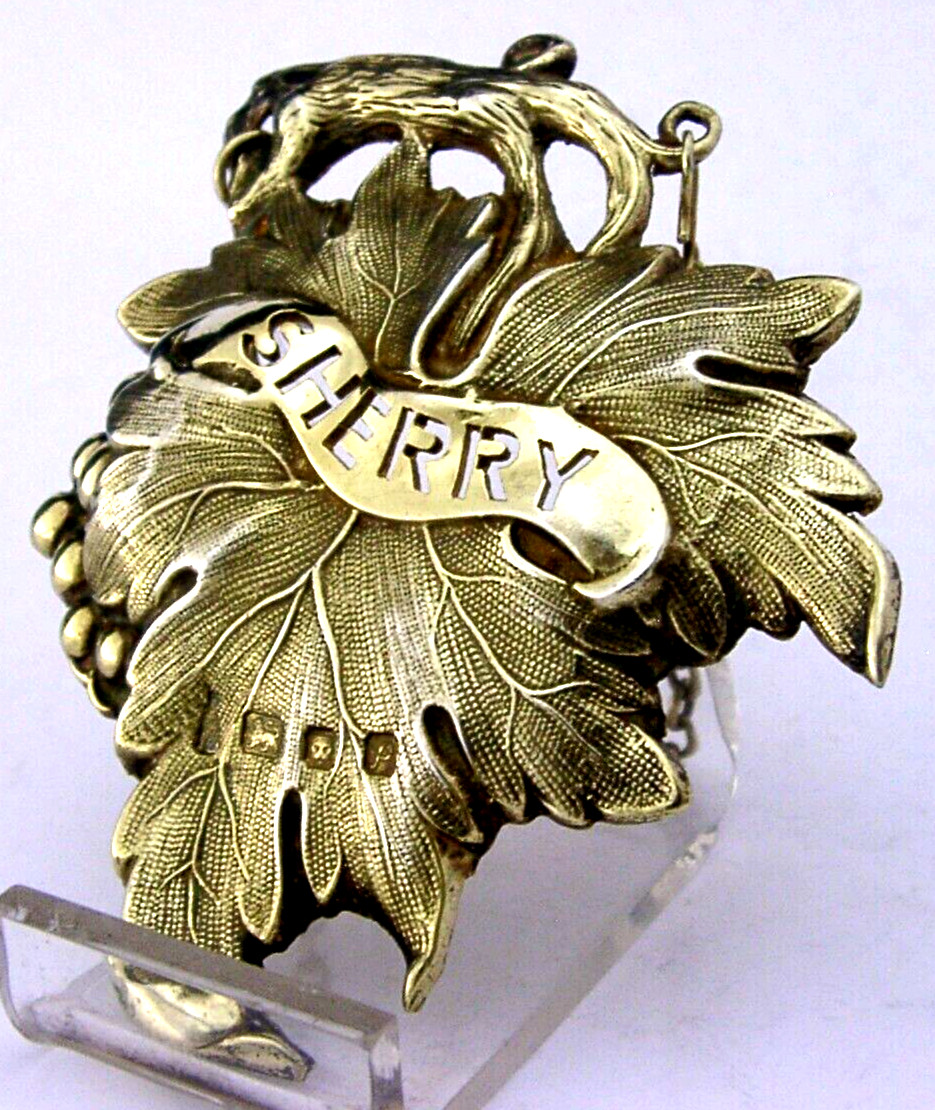 HUGE HEAVY 42g STERLING SILVER GILT SHERRY DECANTER BOTTLE WINE LABEL BARWARE