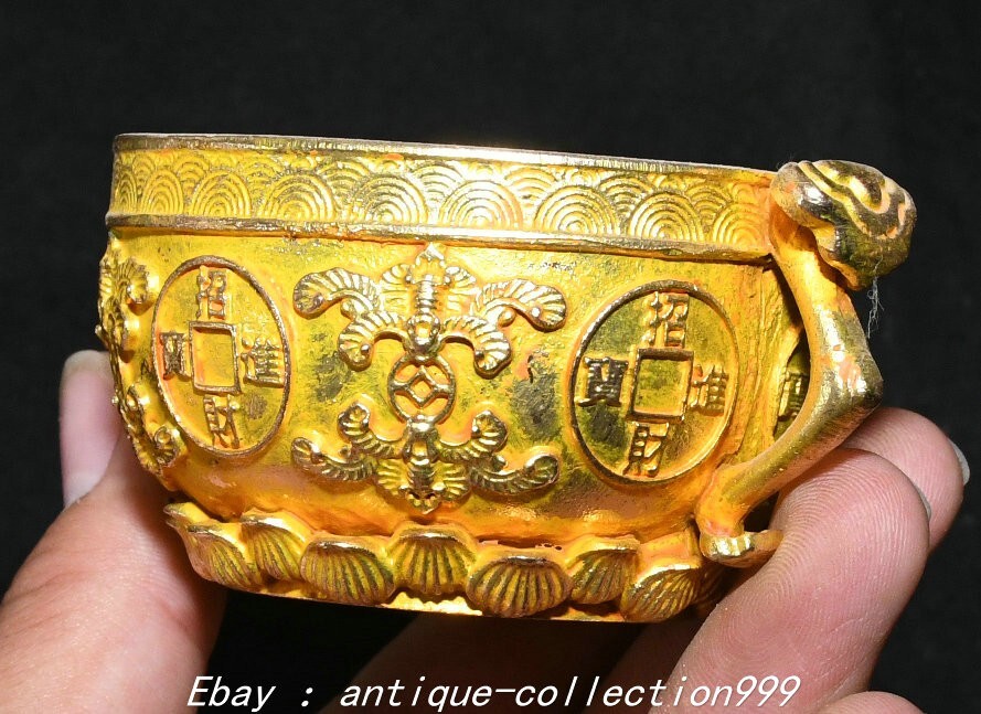 3.5″ Old Dynasty Pure Bronze Gilt Flower Pattern Double Ruyi Ears Wine Cup