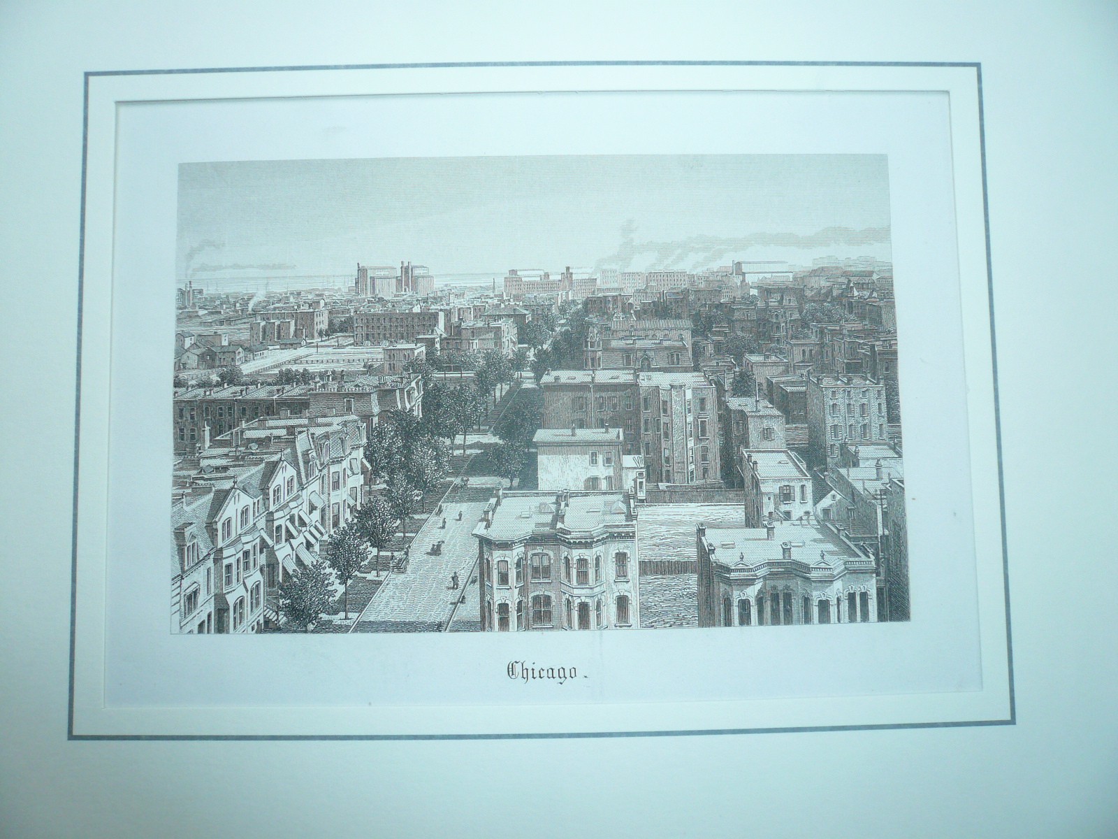 Chicago, anno 1860, steelengraving. Mounted behind passepartout. Size of the pas