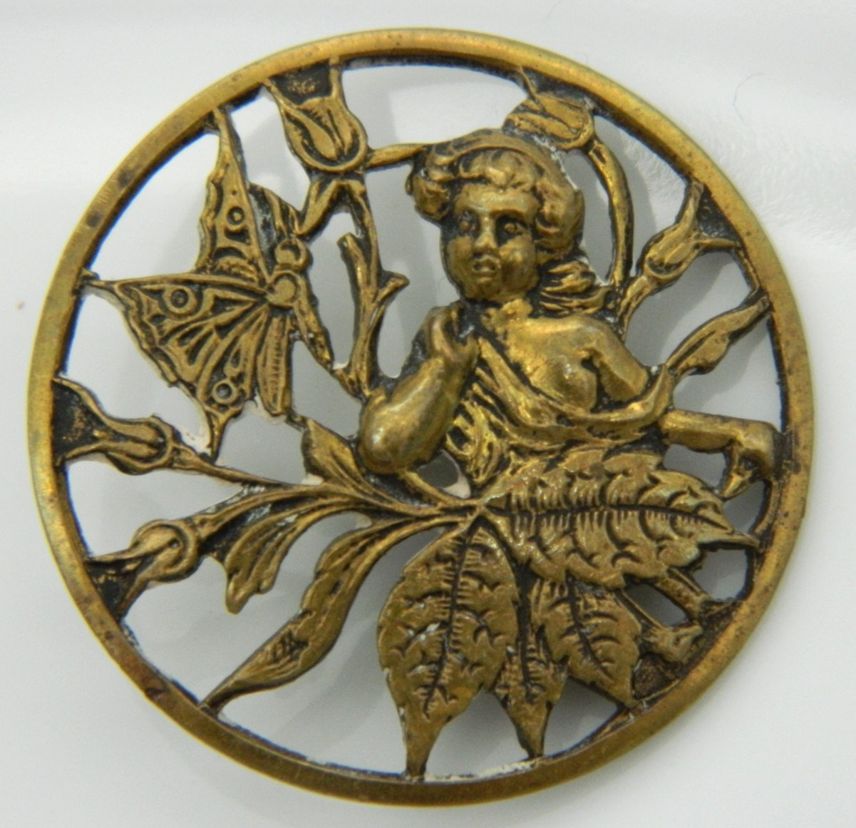 Antique Victorian Picture Button Lady Butterfly Reticulated Pierced 1 3/16″