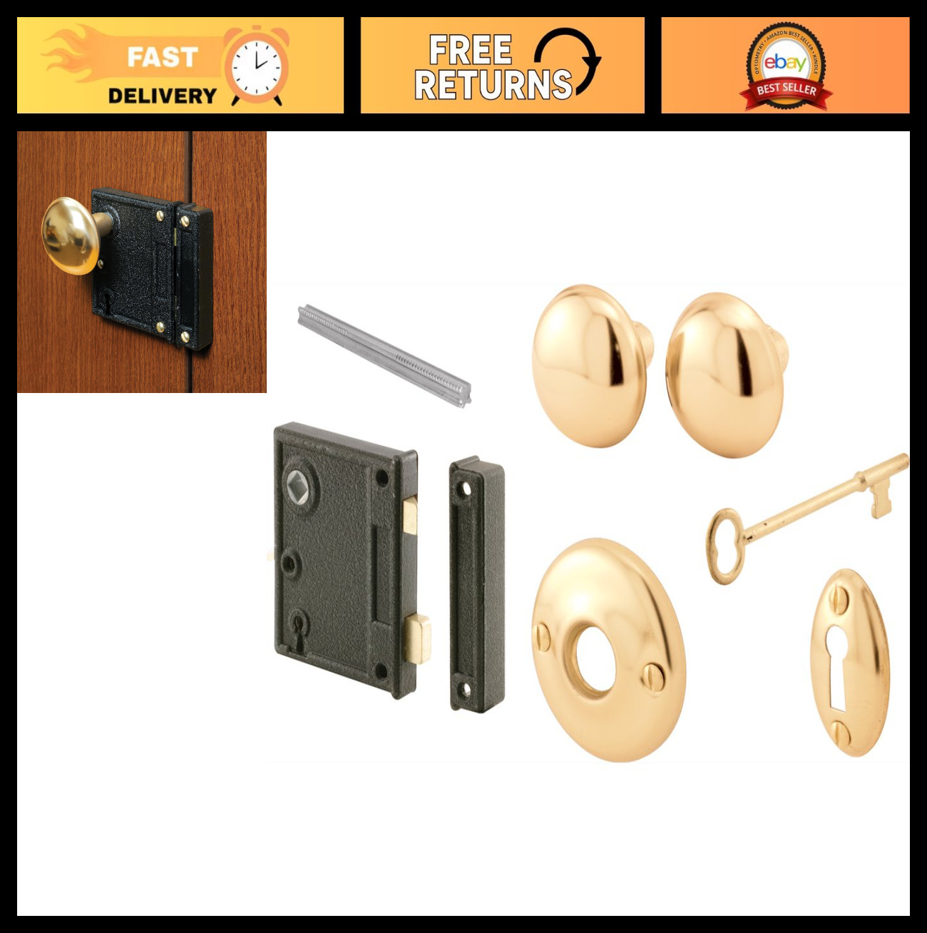 Vintage Vertical Trim Lock Set – Cast Steel, Brass Knobs, Antique Key – 2.5″ Bac