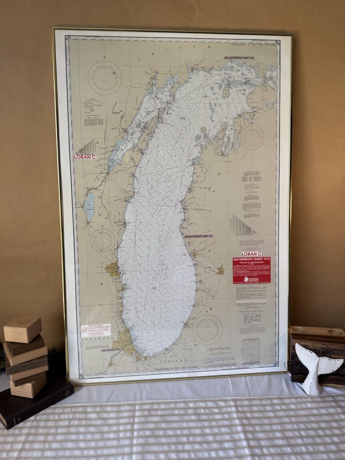 Vintage 1986 Chicago Lake Michigan Nautical Chart LORAN-C Framed 37.5×25