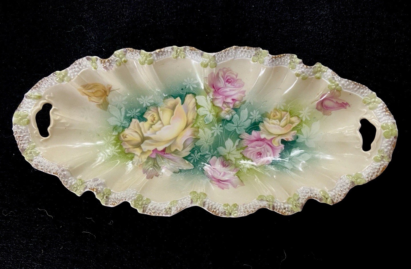 Antique Celery China Dish Prussian Style Green Pink Roses Raised Gold Edge 31 Cm