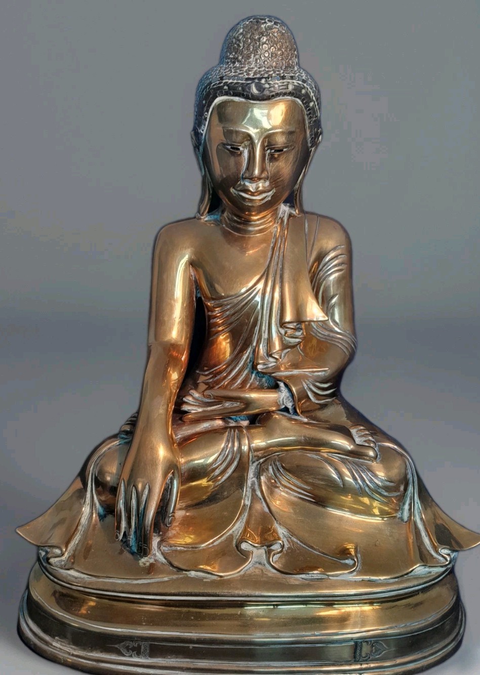 Large 1800s Polished Bronze Tibetan Figure. Gilt Headress and Enamelled Eyes.