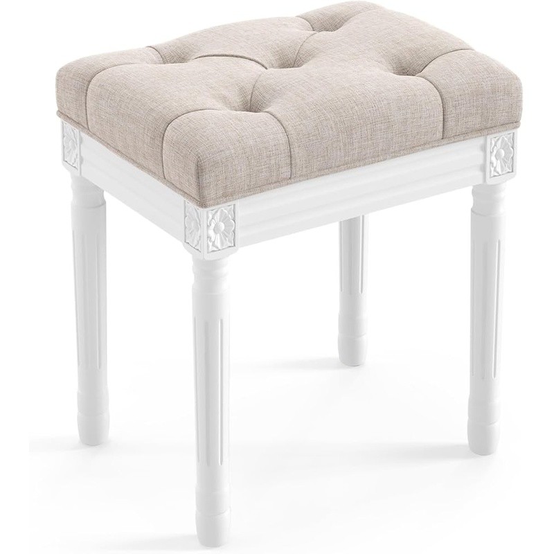 Vintage French Vanity Bench Tufted Cushion Wooden Stool Entryway Seating Decor