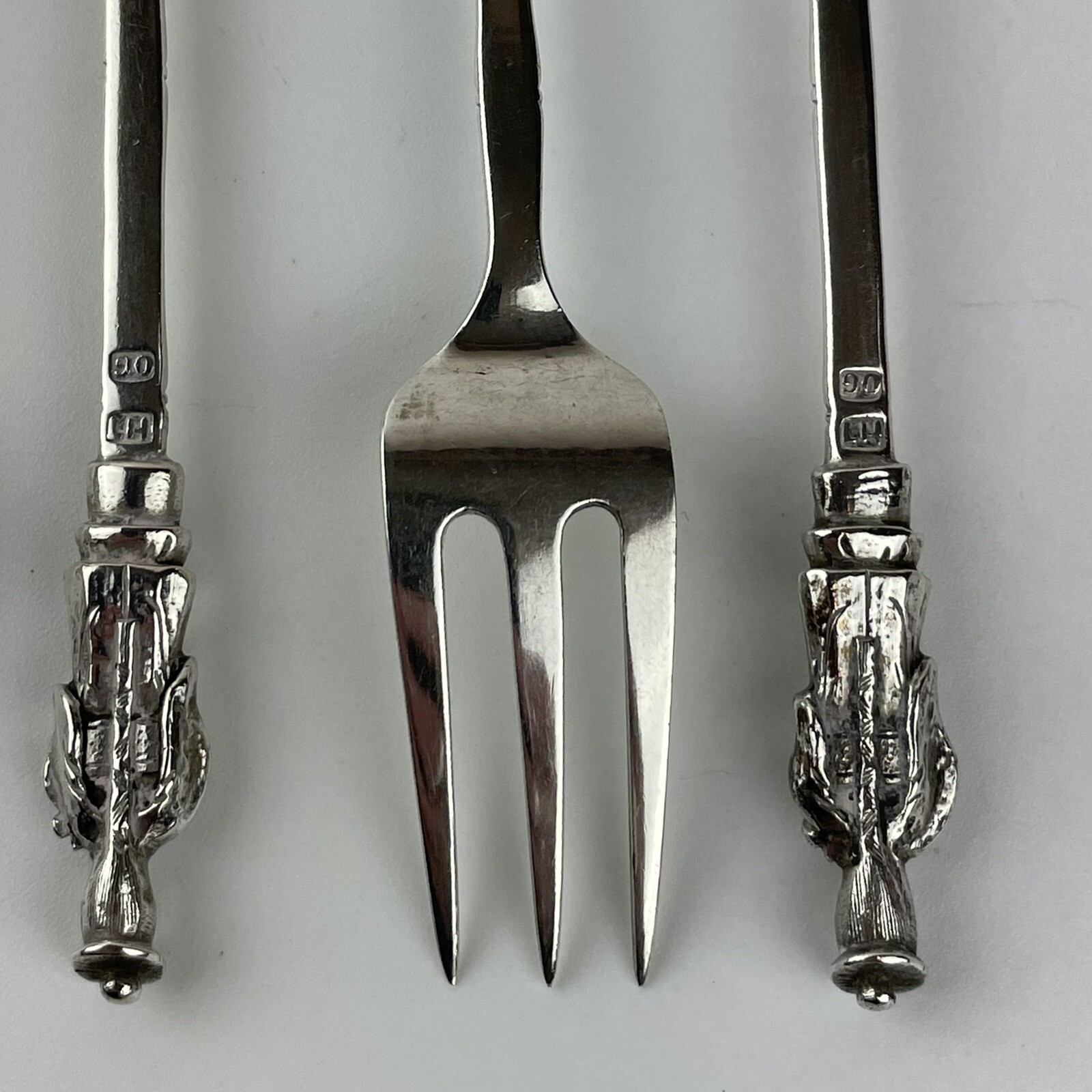 Antique Chinese Export Solid Silver 13.2cm Forks Bamboo & Figures Luen Hing