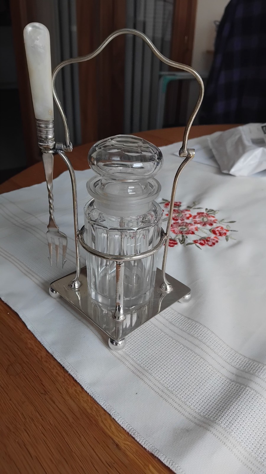 Vintage 1920s Silver Plated Pickle Serving Condiment Jar with Stand + Fork