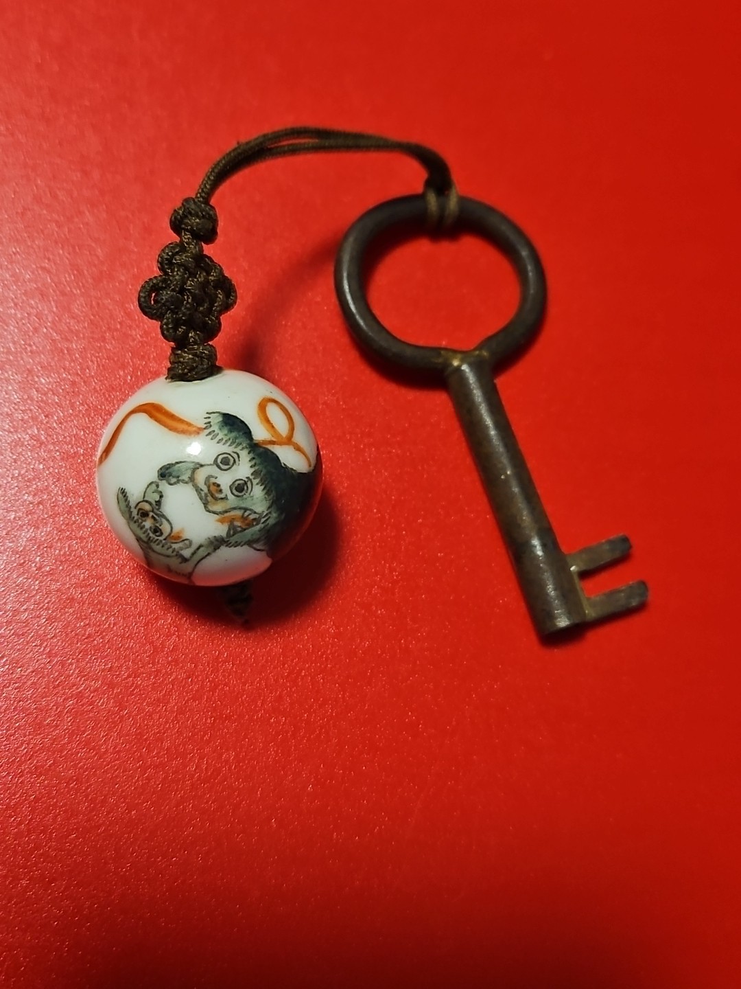 1970s Porcelain Guardian Lion Fu Dog Pendant + Antique Key