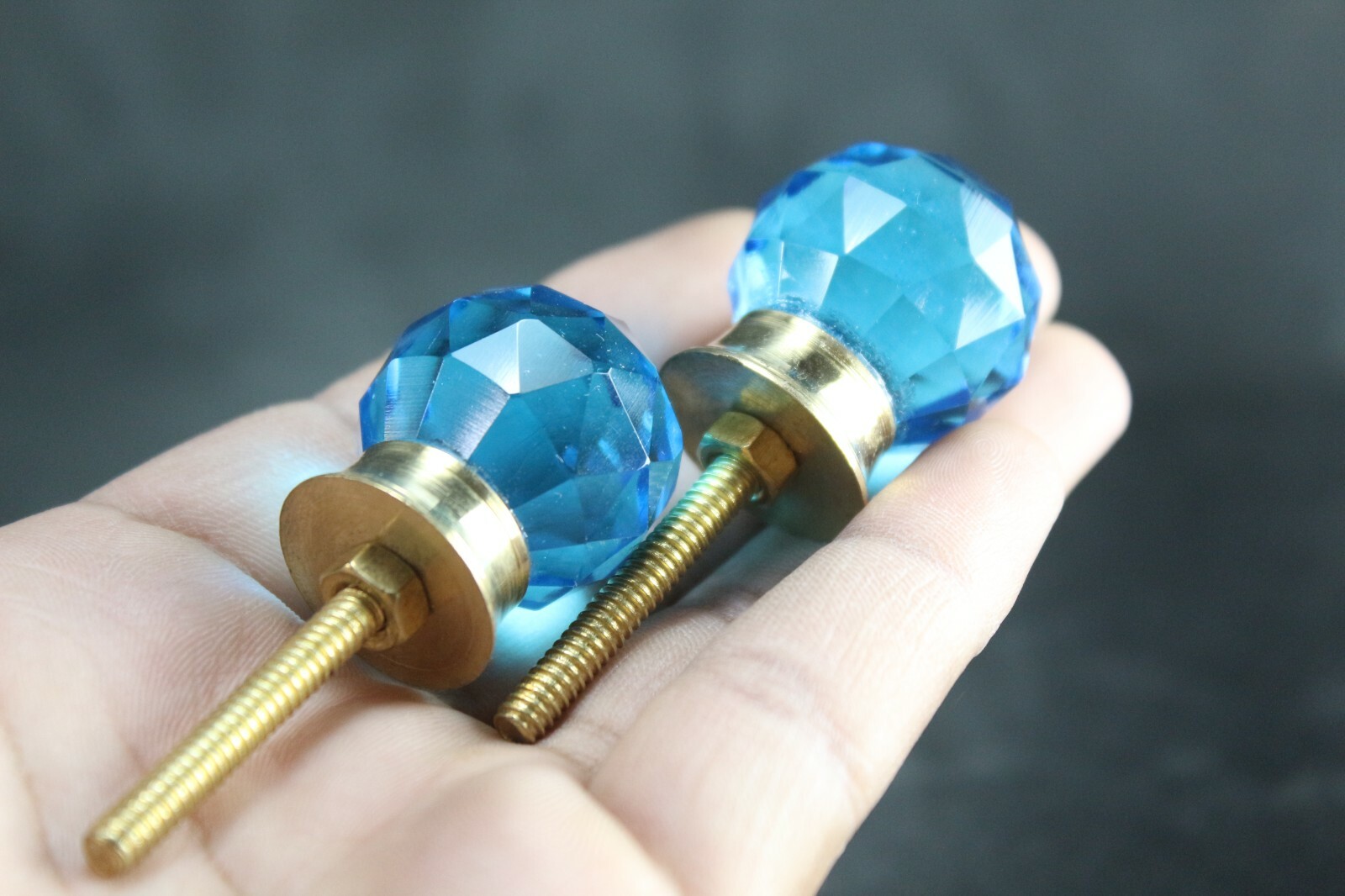 Sky Blue Diamond Cut Glass Door Knobs | Vintage Victorian Set of 2, Brass Base