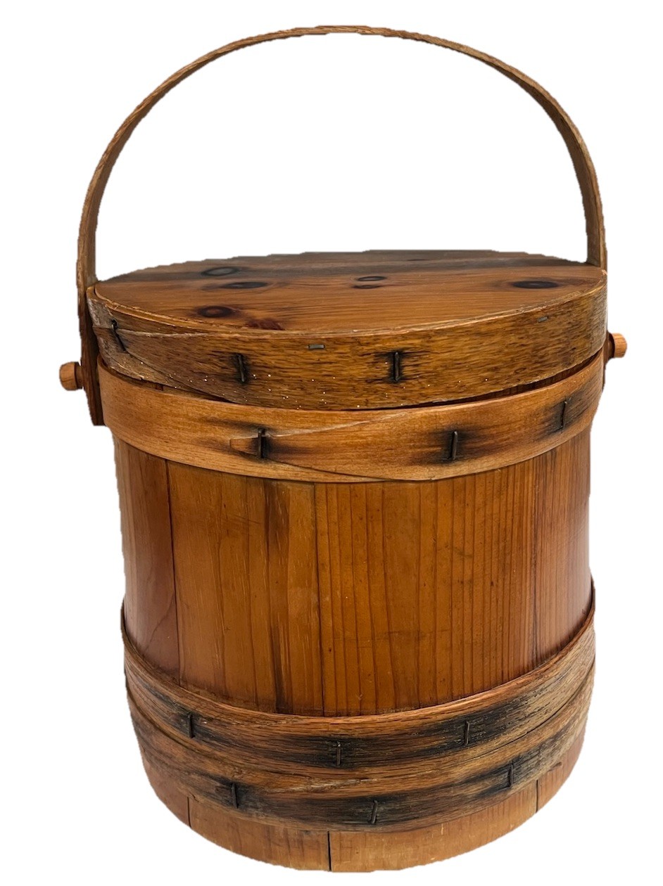 Antique Wood Primitive Banded Firkin Sugar Bucket With Bail Handle