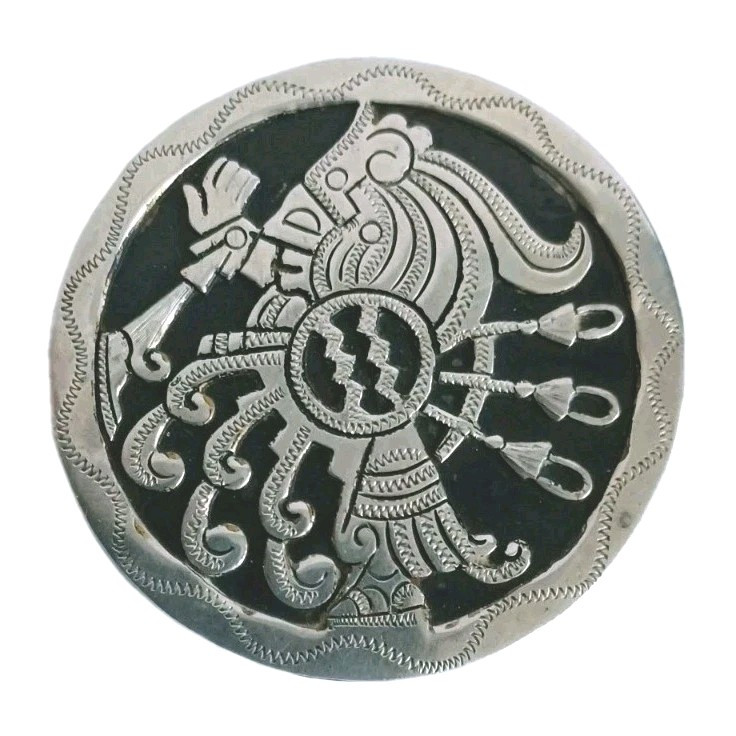 AZTEC SIGNED”JSG” MEXICO STERLING SILVER Vtg Round PIN BROOCH PENDANT EAGLE Mark