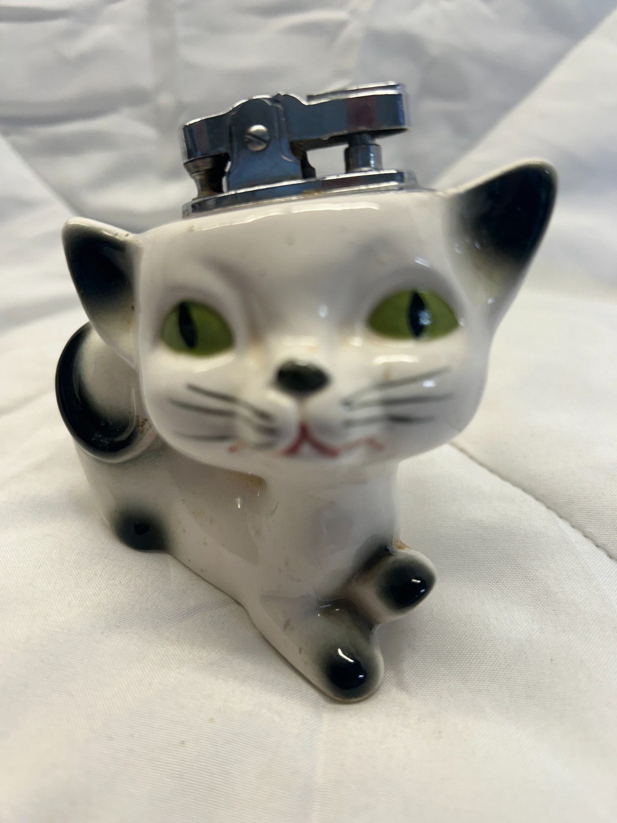 Vintage Ceramic Cat Lighter Cover Green Eyes Mid Century Decor Hand Painted
