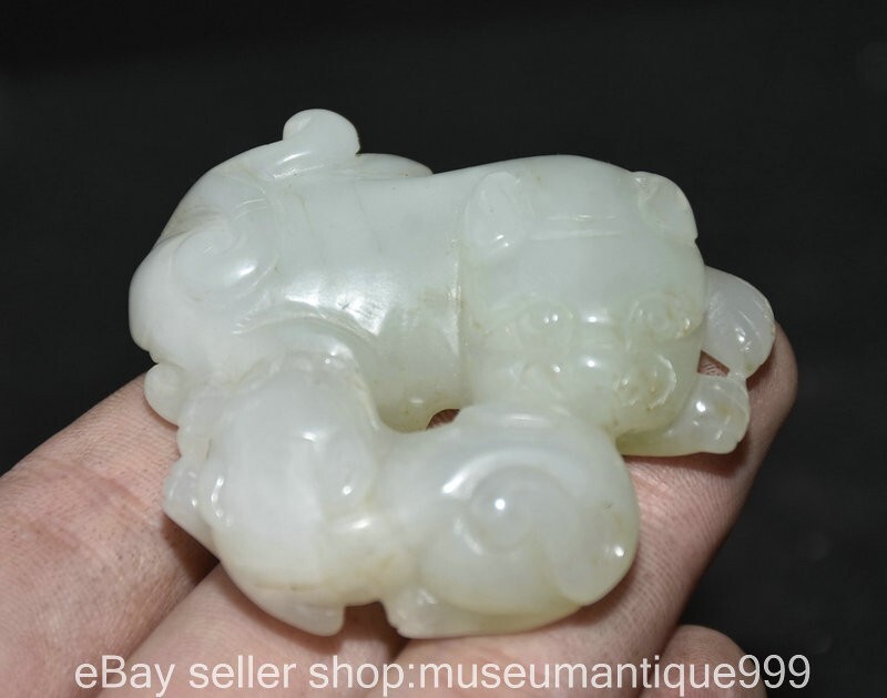 2.4″ Chinese Natural Hetian White Jade Carving Fengshui Mother son beast Statue