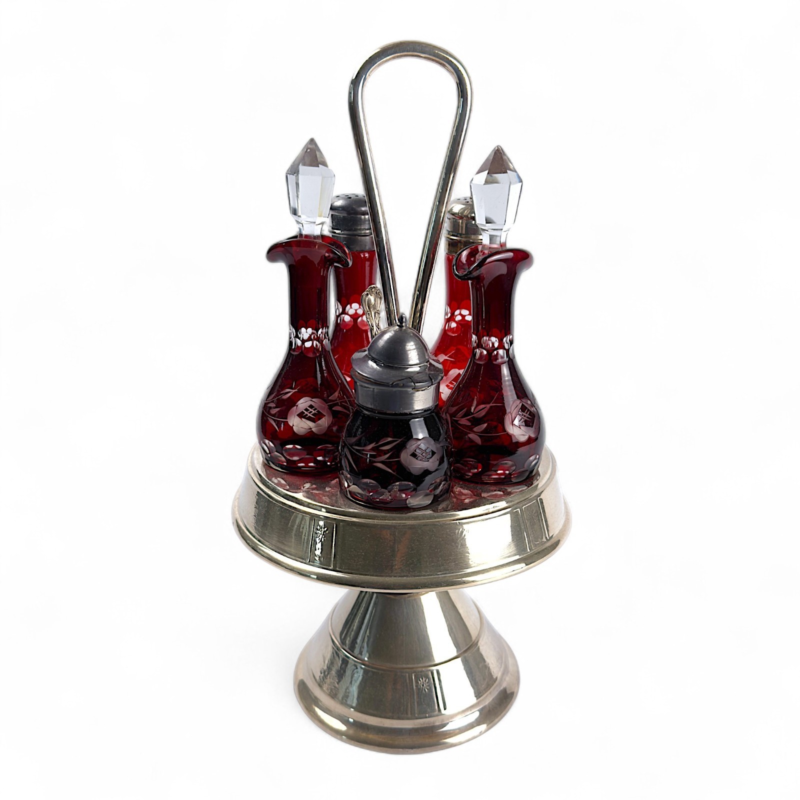Vtg F.B. Rogers Silverplate Cruet Set Ruby Red Cut Glass Bottles Victorian 1900s