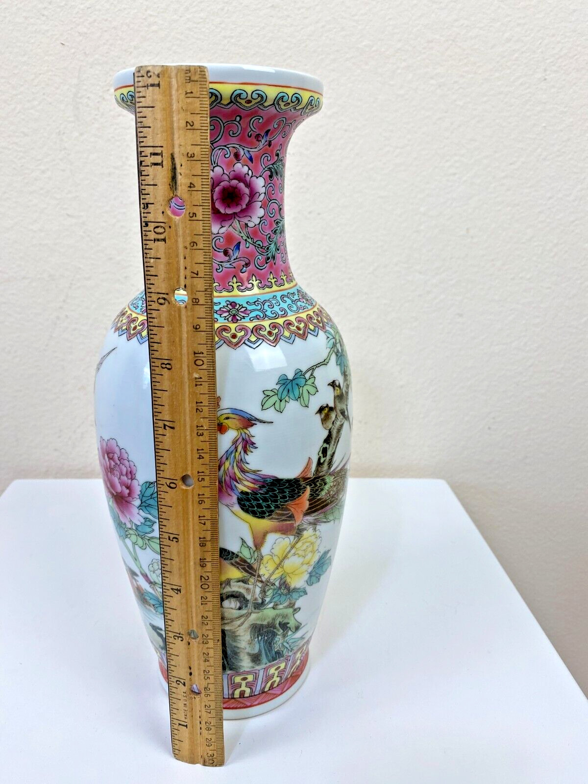 Vintage Chinese Famille Rose Porcelain Pheonix Vase Peonies Signed 12″ x3.5″