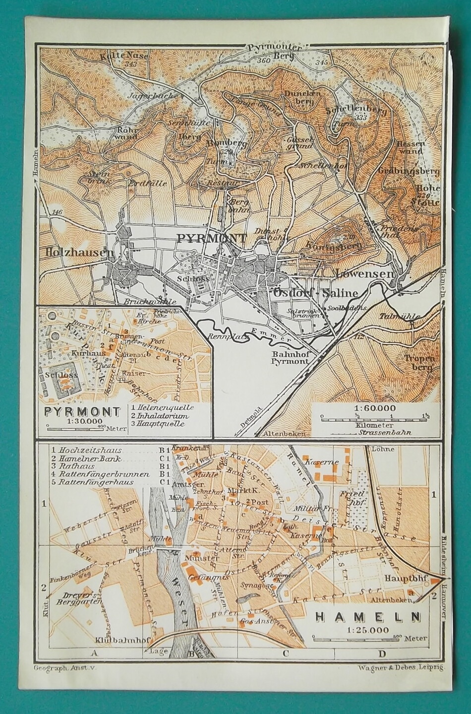 GERMANY Pyrmont Hameln Town Plan – 1912 MAP 4 x 6″ (10 x 15,5 cm)