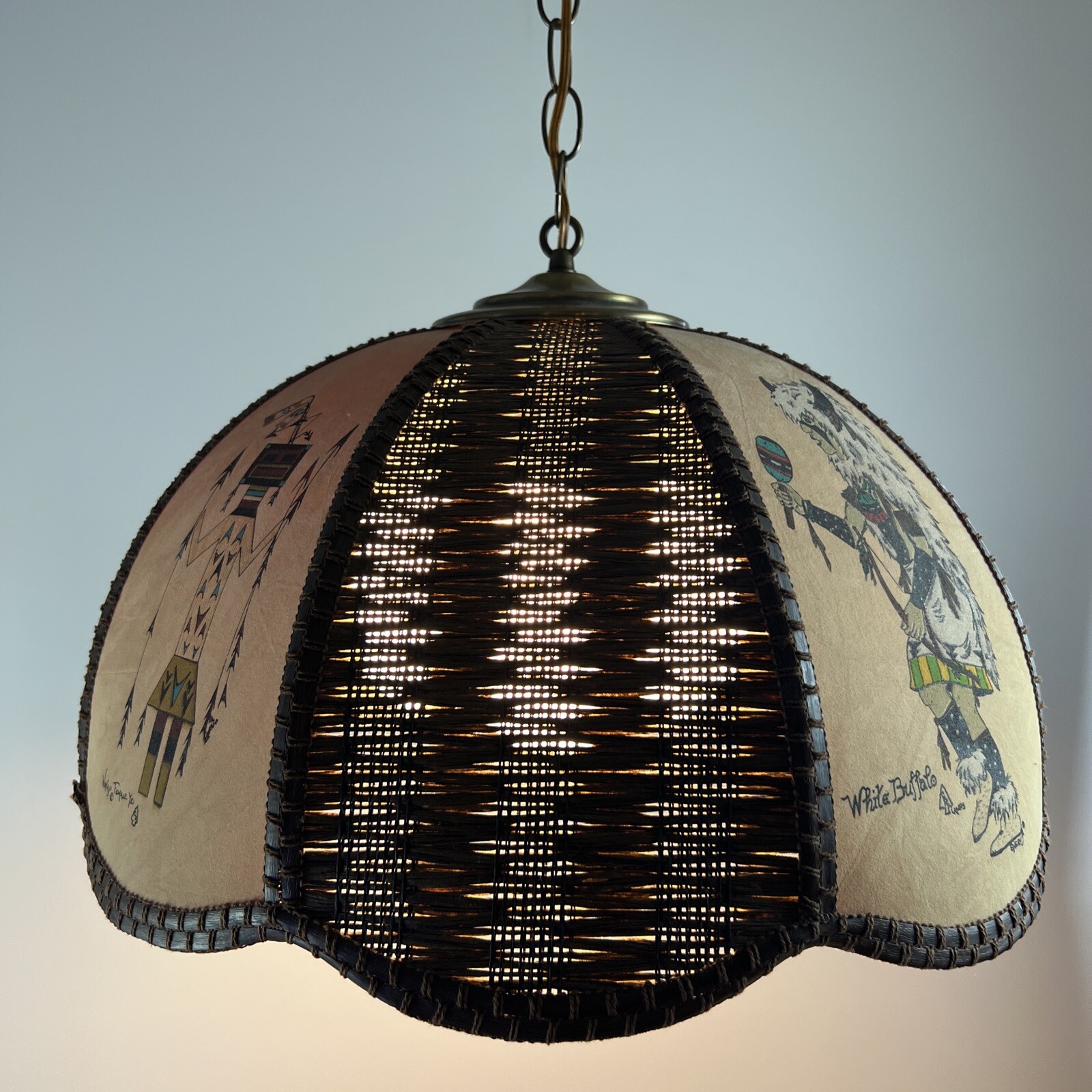 Vintage Mid Century Navajo Southwest Retro Circa 1970s Rattan Swag Lamp Pendent