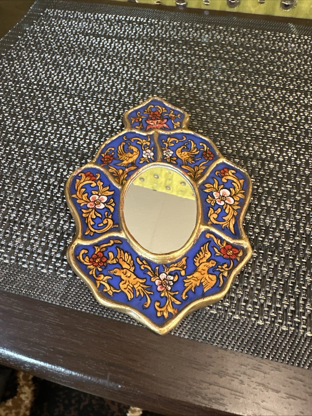 Peruvian Reverse Painted Wall Mirror Blue Gold Birds Floral Folk Art MCM 7”x5”
