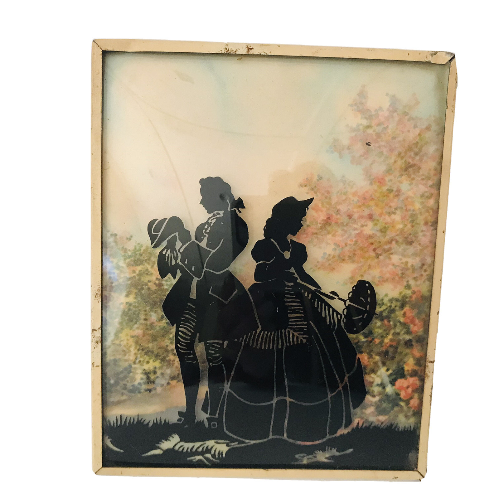 Vintage Southern Courting Couple Cameo Convex Glass Silhouette Framed 5″ x 4″