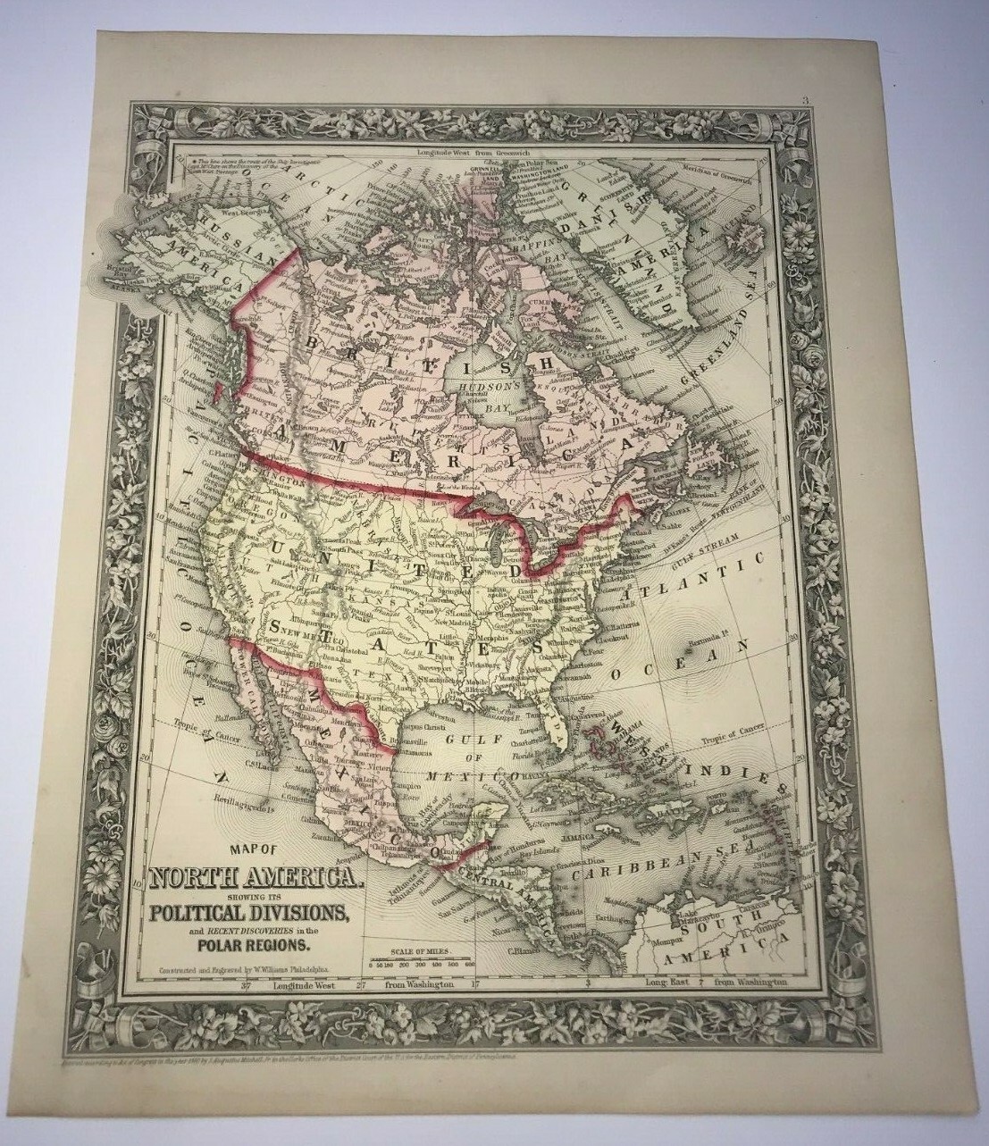 NORTH AMERICA POLAR REGIONS 1860 AUGUSTUS MITCHELL ANTIQUE MAP 19TH CENTURY