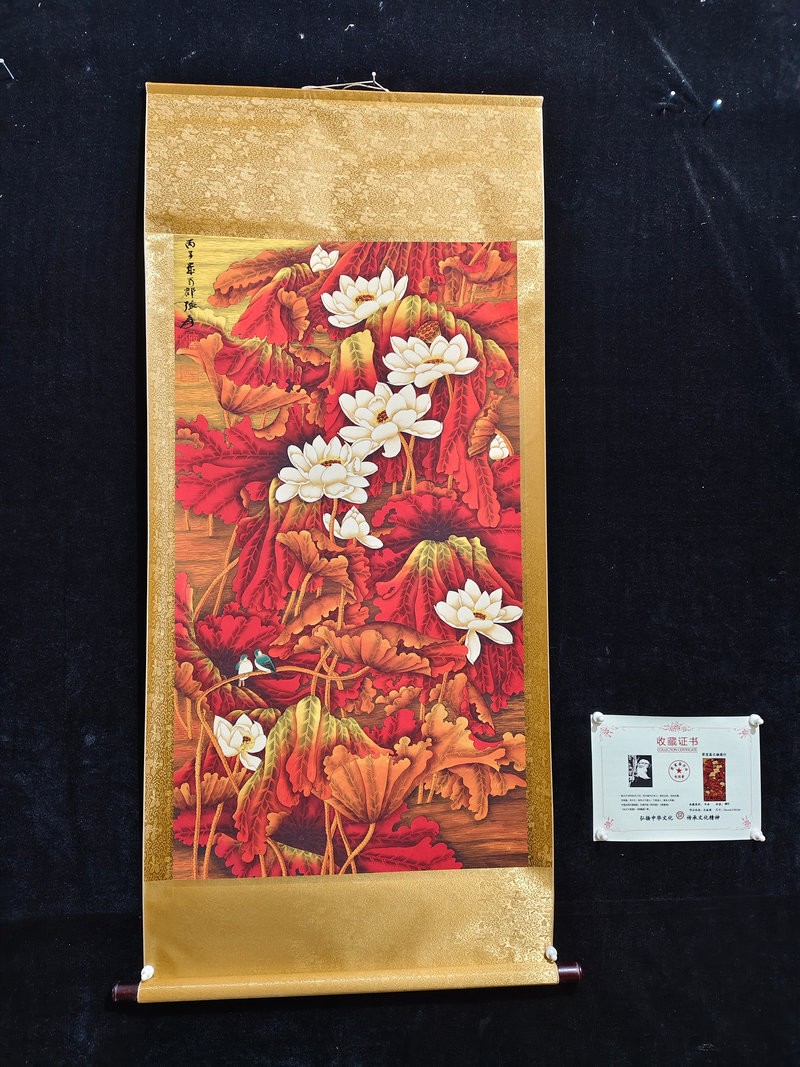 68in Chinese Old Painting Scroll Silk about Lotus & Bird By Zhang Daqian 张大千 秋荷图