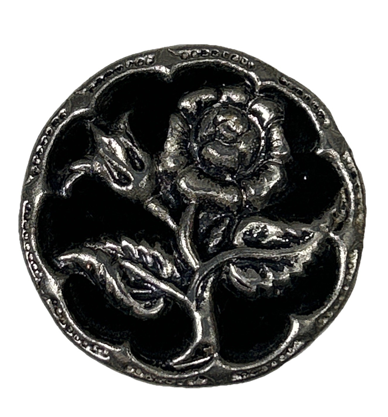 Antique Metal Sewing Button Silver Tone Flower On Top Of Black Velvet