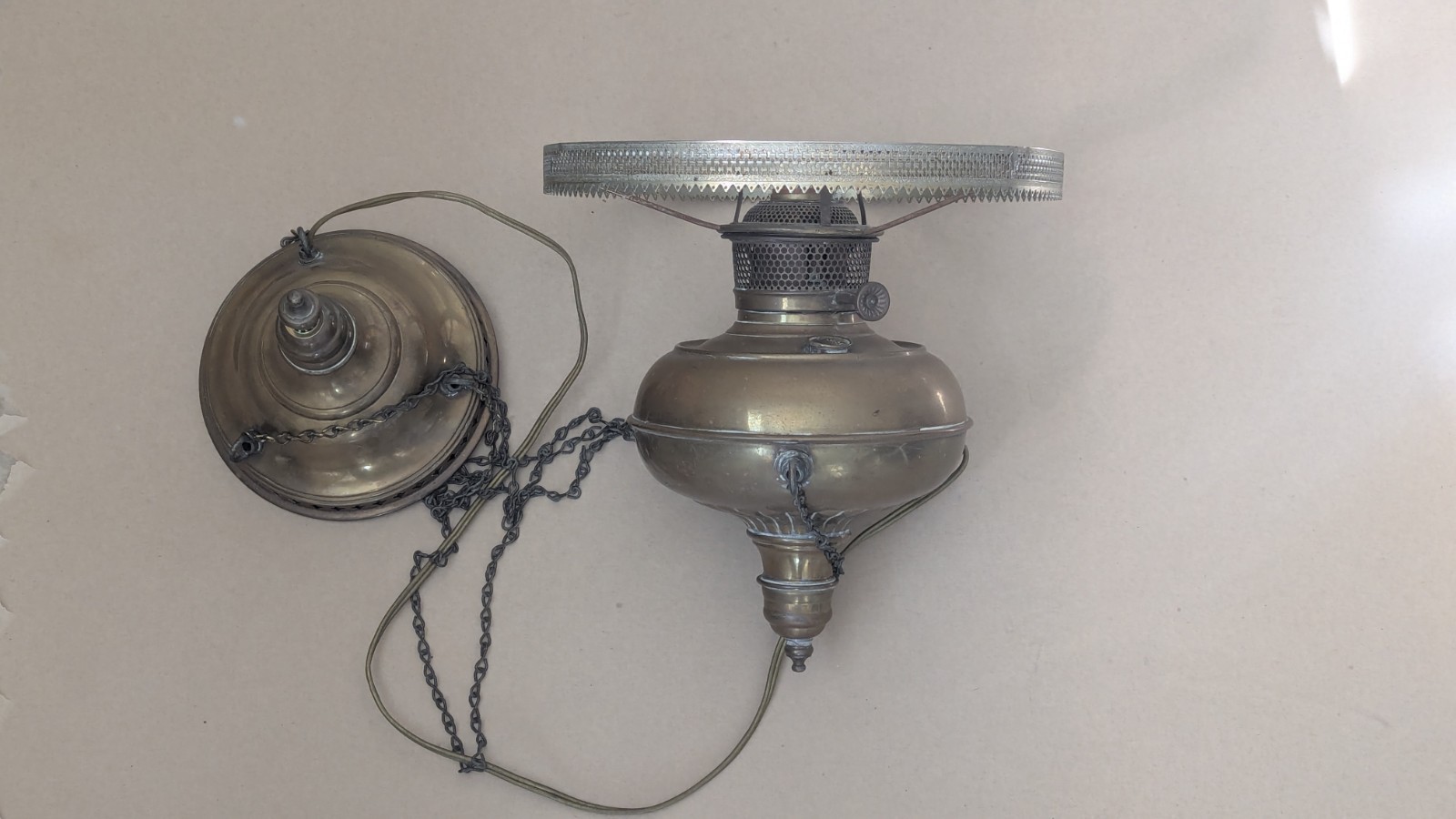 Antique Bradley & Hubbard Brass Hanging Oil Lamp Fixture Electrified